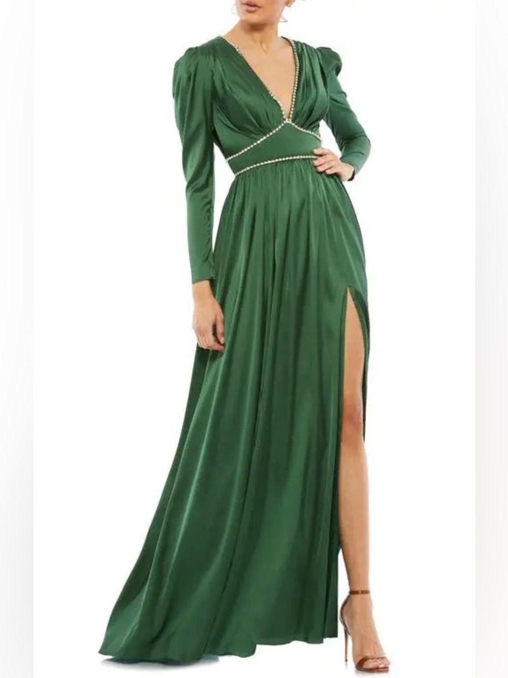 Mac Duggal Crystal Trim Satin Maxi Dress